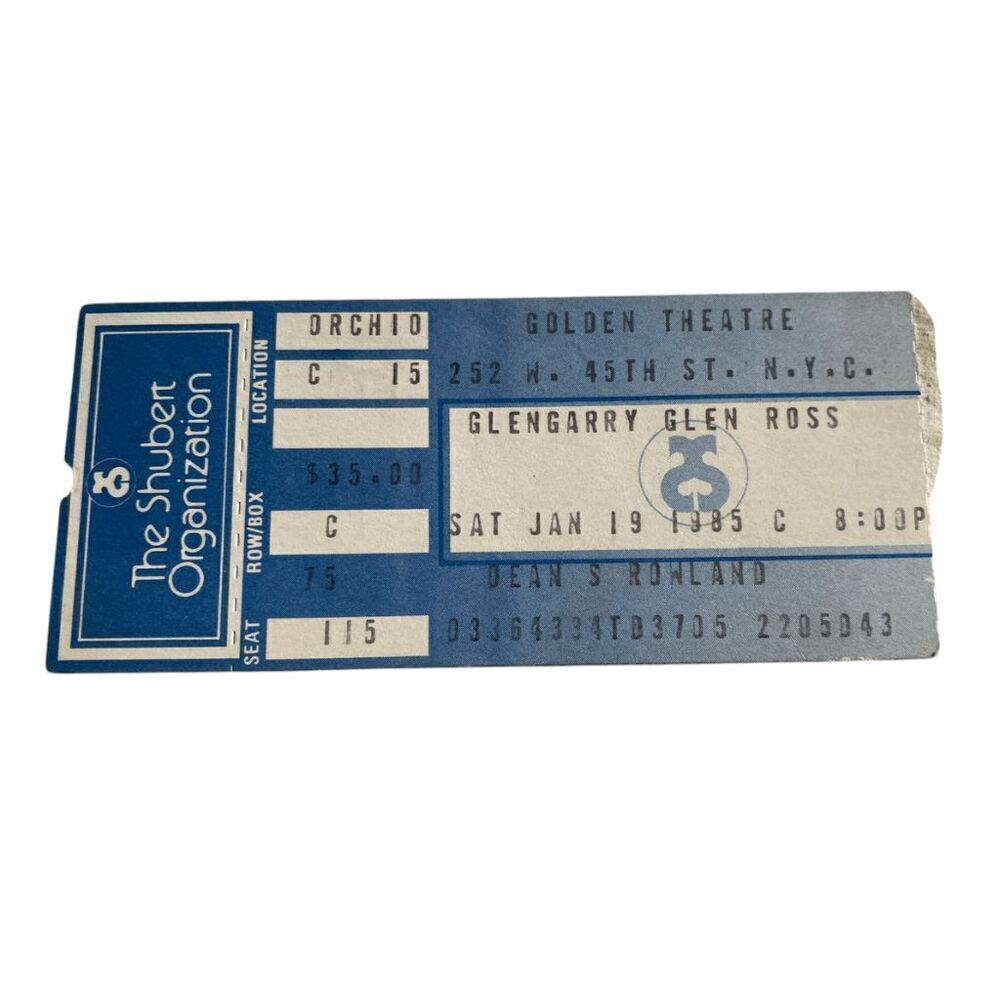 Golden Theatre NYC GlenGarry Glen Ross Jan 19 1985 Ticket Stub